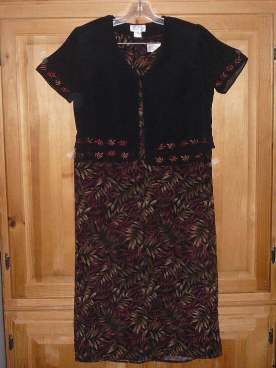 STUDIO I WOMANS Size 10P Petite Tall Leaf Theme DRESS & JACKET - Picture 1 of 7